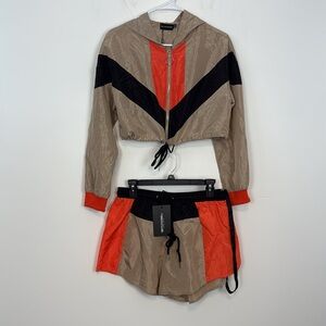 PRETTYLITTLETHING Stone Colourblock Hooded Shell Windbreaker Short Set. Size 8